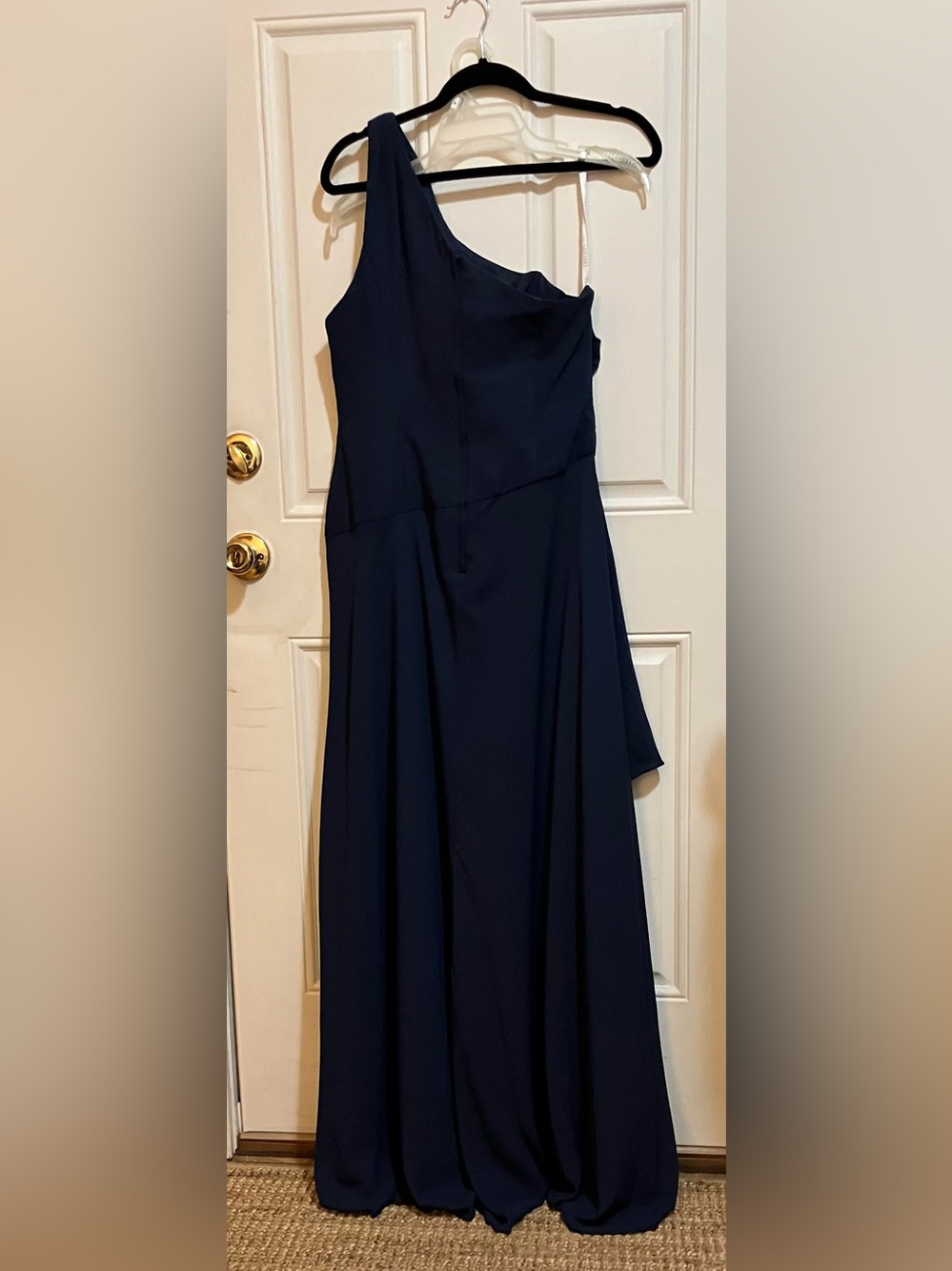 David's Bridal One-Shoulder Georgette Cascade Dress (Style F19832) Navy-Size 12 - Picture 2 of 5